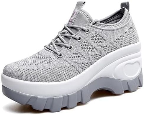 Women's Chunky Platform Comfort Orthopedic Wedge Walking Shoes Fashion Knitted Breathable Lace Up Lug Sole Casual Non-Slip Running Shoes with Arch Support in Saudi Arabia