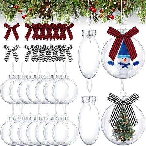 Christmas Ornaments Plastic Discs Ornaments Clear fillable Ornaments Balls with Silver Cap and Black White Red Buffalo Plaid Bows for Craft DIY Christmas Tree Wreath Decoration (32 Pcs, 3.15 Inch) in Kuwait