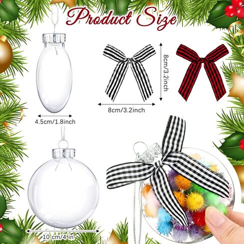 Christmas Ornaments Plastic Discs Ornaments Clear fillable Ornaments Balls with Silver Cap and Black White Red Buffalo Plaid Bows for Craft DIY Christmas Tree Wreath Decoration (32 Pcs, 3.15 Inch) in Kuwait
