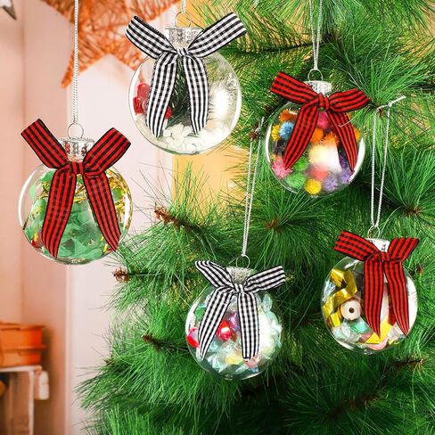 Christmas Ornaments Plastic Discs Ornaments Clear fillable Ornaments Balls with Silver Cap and Black White Red Buffalo Plaid Bows for Craft DIY Christmas Tree Wreath Decoration (32 Pcs, 3.15 Inch) in Kuwait