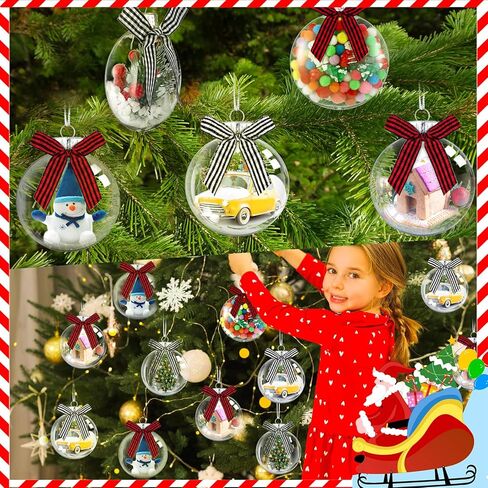 Christmas Ornaments Plastic Discs Ornaments Clear fillable Ornaments Balls with Silver Cap and Black White Red Buffalo Plaid Bows for Craft DIY Christmas Tree Wreath Decoration (32 Pcs, 3.15 Inch) in Kuwait
