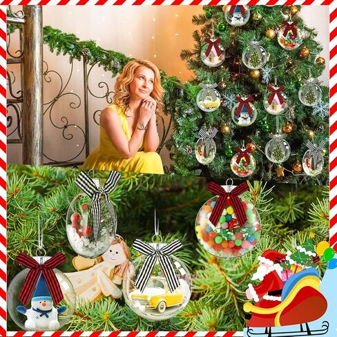 Christmas Ornaments Plastic Discs Ornaments Clear fillable Ornaments Balls with Silver Cap and Black White Red Buffalo Plaid Bows for Craft DIY Christmas Tree Wreath Decoration (32 Pcs, 3.15 Inch) in Kuwait