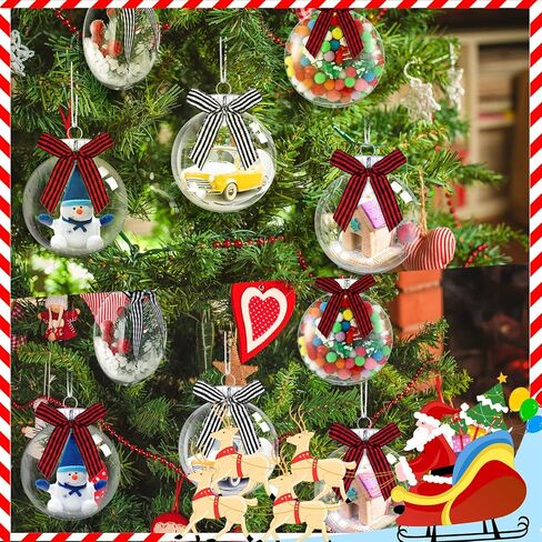Christmas Ornaments Plastic Discs Ornaments Clear fillable Ornaments Balls with Silver Cap and Black White Red Buffalo Plaid Bows for Craft DIY Christmas Tree Wreath Decoration (32 Pcs, 3.15 Inch) in Kuwait