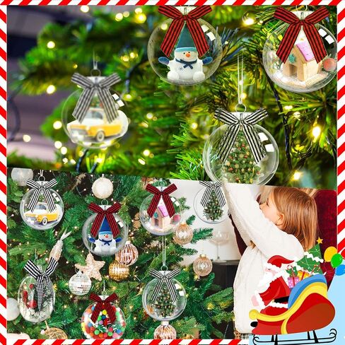 Christmas Ornaments Plastic Discs Ornaments Clear fillable Ornaments Balls with Silver Cap and Black White Red Buffalo Plaid Bows for Craft DIY Christmas Tree Wreath Decoration (32 Pcs, 3.15 Inch) in Kuwait