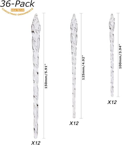 Sea Team Clear Glass Icicles Drops Ornaments for Christmas Tree Decorations, 3.9-5.9 inches, Set of 36 in Saudi Arabia