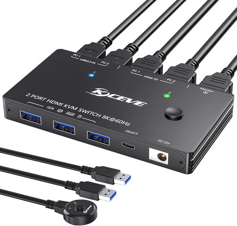 Dual Monitor KVM Switch 2 Port 8K@60Hz 4K@144Hz HDMI+DP USB 3.0 Switch Extended Display 2 Monitors 2 Computers with USB 3.0 Cables Wired Controller in Kuwait