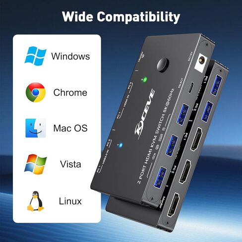 Dual Monitor KVM Switch 2 Port 8K@60Hz 4K@144Hz HDMI+DP USB 3.0 Switch Extended Display 2 Monitors 2 Computers with USB 3.0 Cables Wired Controller in Kuwait