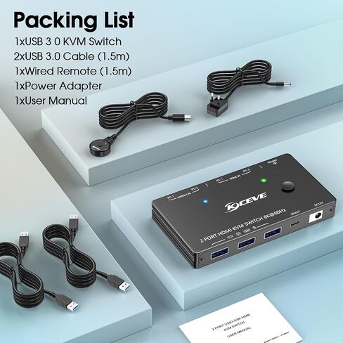 Dual Monitor KVM Switch 2 Port 8K@60Hz 4K@144Hz HDMI+DP USB 3.0 Switch Extended Display 2 Monitors 2 Computers with USB 3.0 Cables Wired Controller in Kuwait