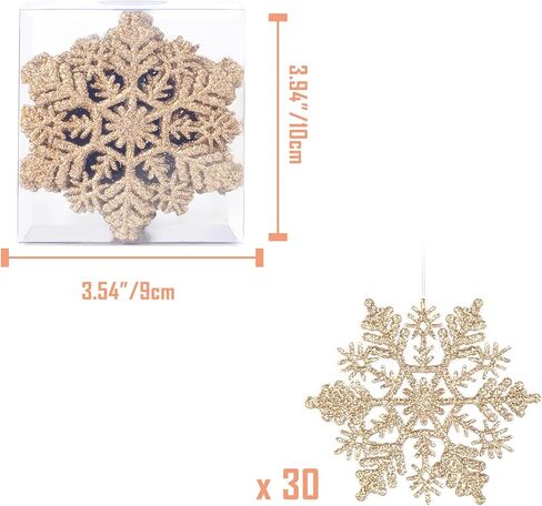 4''/10cm Sparkling Glittered Plastic Snowflake Ornaments Christmas Tree Decorations(30ct, Gold) in Saudi Arabia