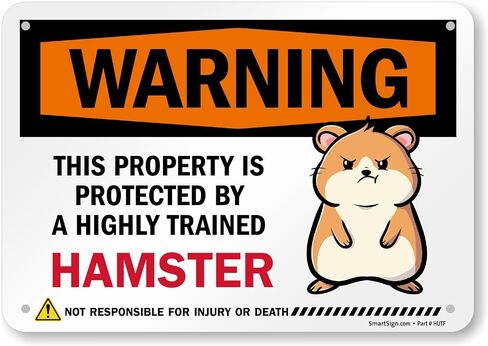 SmartSign Warning Property Protected By A Highly Trained Hamster Funny Animal Sign - 10" x 7", 40 mil Laminated Rustproof Aluminum Metal, For Gift, Yard, Cafe, Room, Made in USA in Saudi Arabia