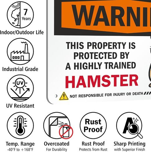 SmartSign Warning Property Protected By A Highly Trained Hamster Funny Animal Sign - 10" x 7", 40 mil Laminated Rustproof Aluminum Metal, For Gift, Yard, Cafe, Room, Made in USA in Saudi Arabia