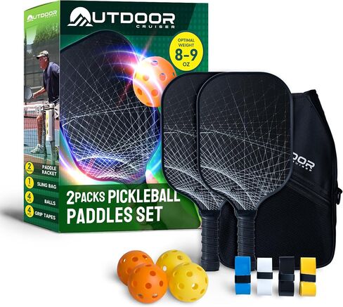 Outdoor Cruiser Pickleball Racket Set - Carbon Fiber Lightweight Paddles with Polypropylene Honeycomb Core, Skill Levels, Includes 2 Rackets, a Sling Bag, 4 Balls, and 4 Grip Tapes in Saudi Arabia
