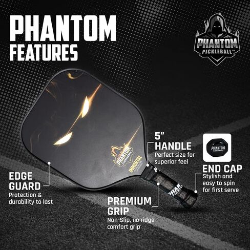 مجاديف كرة المخلل ذات الجسم العريض من ألياف الكربون مقاس 16 مم من Phantom Immortal - الحد الأقصى للحصباء والدوران - معتمدة من الولايات المتحدة الأمريكية - مضارب كرة المخلل - معدات كرة المخلل مع قلب من مادة البولي بروبيلين - خفيفة الوزن in Saudi Arabia