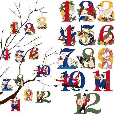 Thyle 12 Pcs Twelve Days of Christmas Ornament Set Wooden Christmas Tree Decorations 3.35 Inch Hanging Christmas Ornaments with Hanging Rope for Xmas Holiday Party Supplies in Saudi Arabia