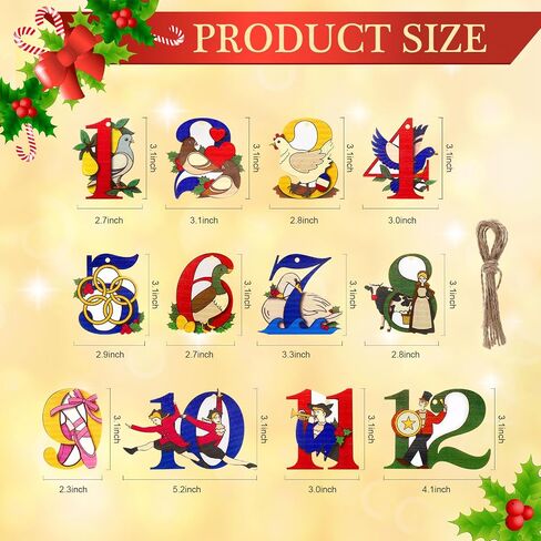 Thyle 12 Pcs Twelve Days of Christmas Ornament Set Wooden Christmas Tree Decorations 3.35 Inch Hanging Christmas Ornaments with Hanging Rope for Xmas Holiday Party Supplies in Saudi Arabia