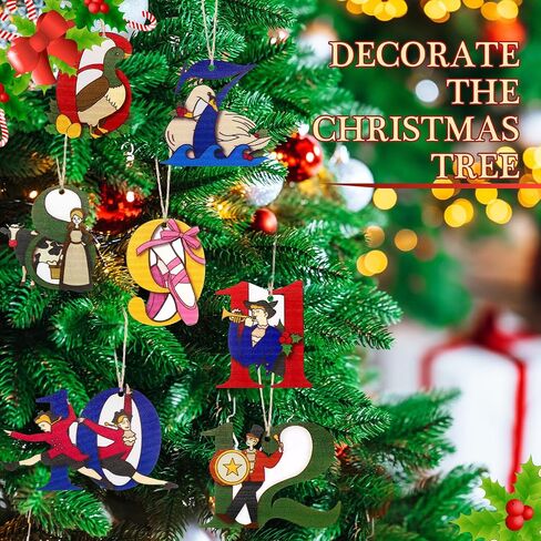 Thyle 12 Pcs Twelve Days of Christmas Ornament Set Wooden Christmas Tree Decorations 3.35 Inch Hanging Christmas Ornaments with Hanging Rope for Xmas Holiday Party Supplies in Saudi Arabia