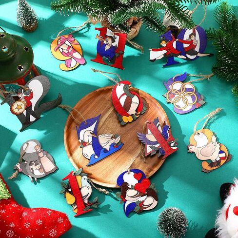 Thyle 12 Pcs Twelve Days of Christmas Ornament Set Wooden Christmas Tree Decorations 3.35 Inch Hanging Christmas Ornaments with Hanging Rope for Xmas Holiday Party Supplies in Saudi Arabia
