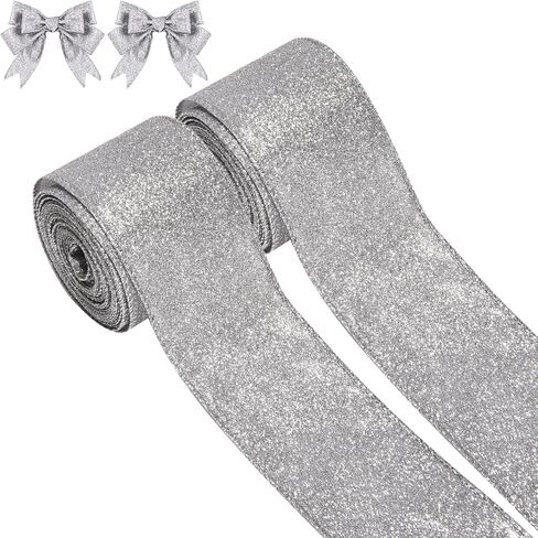 2 Rolls Christmas Ribbon Metallic Glitter Ribbon for Gift Wrapping, Green Shiny Curling Wired Edge Ribbon for Christmas Tree Wreath DIY Crafts Home Party Holiday Decoration, 2.5" x 10 Yd/Green in Kuwait