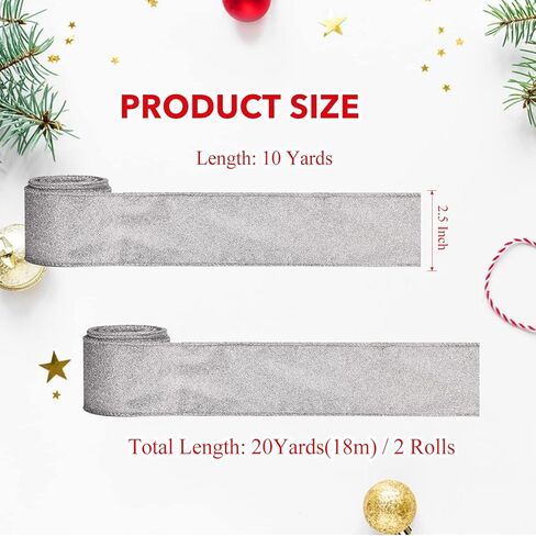 2 Rolls Christmas Ribbon Metallic Glitter Ribbon for Gift Wrapping, Green Shiny Curling Wired Edge Ribbon for Christmas Tree Wreath DIY Crafts Home Party Holiday Decoration, 2.5" x 10 Yd/Green in Kuwait