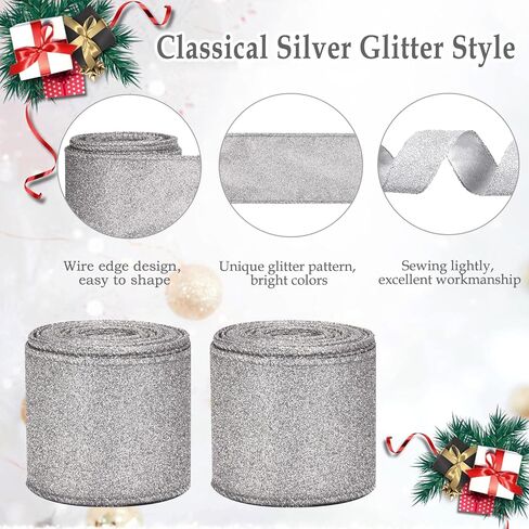 2 Rolls Christmas Ribbon Metallic Glitter Ribbon for Gift Wrapping, Green Shiny Curling Wired Edge Ribbon for Christmas Tree Wreath DIY Crafts Home Party Holiday Decoration, 2.5" x 10 Yd/Green in Kuwait