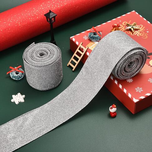 2 Rolls Christmas Ribbon Metallic Glitter Ribbon for Gift Wrapping, Green Shiny Curling Wired Edge Ribbon for Christmas Tree Wreath DIY Crafts Home Party Holiday Decoration, 2.5" x 10 Yd/Green in Kuwait