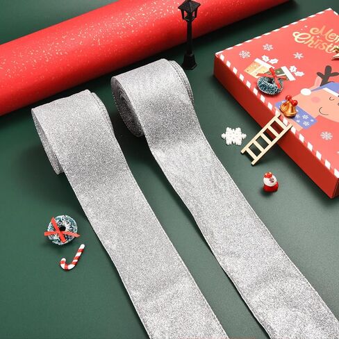 2 Rolls Christmas Ribbon Metallic Glitter Ribbon for Gift Wrapping, Green Shiny Curling Wired Edge Ribbon for Christmas Tree Wreath DIY Crafts Home Party Holiday Decoration, 2.5" x 10 Yd/Green in Kuwait