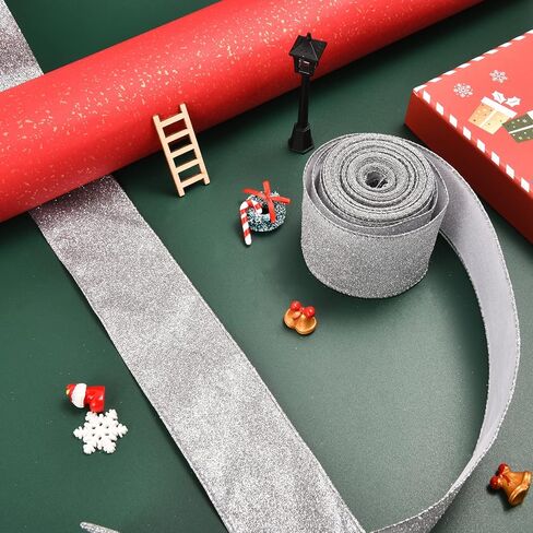 2 Rolls Christmas Ribbon Metallic Glitter Ribbon for Gift Wrapping, Green Shiny Curling Wired Edge Ribbon for Christmas Tree Wreath DIY Crafts Home Party Holiday Decoration, 2.5" x 10 Yd/Green in Kuwait