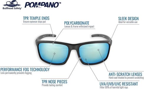 Bullhead Safety Eyewear BH2766AF Pompano، إطار/هيكل أسود غير لامع، عدسات مضادة للضباب للاستخدام الداخلي/الخارجي، قطعة أنف سوداء من المطاط اللدن حراريًا وأطراف معبد in Saudi Arabia