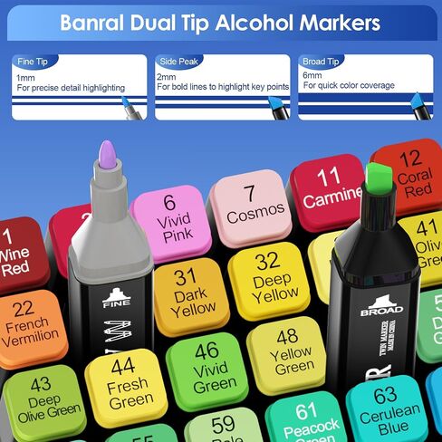 Banral 60 Colors Alcohol Markers Set, Dual Tip Alcohol Based Markers, Art Markers Pens for Artists Kids Adult Coloring, Permanent Illustration Sketch Markers for Drawing with Case and Holders in Saudi Arabia