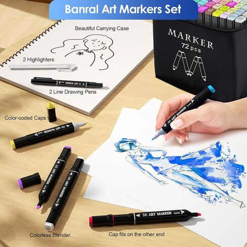 Banral 60 Colors Alcohol Markers Set, Dual Tip Alcohol Based Markers, Art Markers Pens for Artists Kids Adult Coloring, Permanent Illustration Sketch Markers for Drawing with Case and Holders in Saudi Arabia