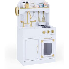 Teamson Kids Little Chef Memphis Small Wooden Play Kitchen with Interactive, Realistic Features, and 16 Kitchen Accessories - for 3yrs and up, Pretend Play House, Restaurant - Gray/Gold/Faux Marble