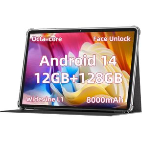 Android 14 Tablet 11inch, Support Face Unlock, 18W Fast Charging, 12GB+128GB+512GB Expand, Octa-core CPU, 8000mAh Large Battery WiFi6, BT5.0,Touchscreen Display, Widevine L1 Tableta, 2in1 Tablet PC