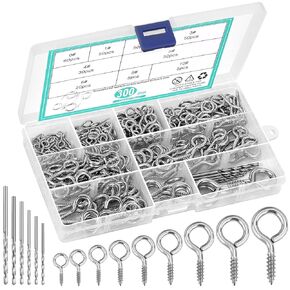 306 PCS Eye Hooks Screws Assortment Kit, (0.6"-1.65") 9 Sizes Nickel Plated for Waterproof and Durability, Metal Eyelet Screws Eye Pins and Eye Bolts Screw in Wood Includes 6PCS Drill Bit