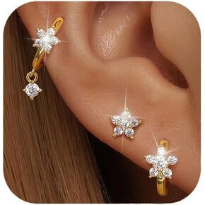 GEORGE · SMITH Opal earrings Set for Women, Hoop Earring Set, 14k Gold Plated Flower Round White Cubic Zirconia Stud Earrings Set for Multiple Piercings, Cute Flower Gold Earrings (3 Pairs)