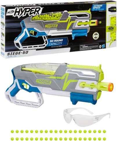 مسدس NERF Hyper Siege-50 Pump-Action، 40 طلقة مفرطة، نظارة، سرعة تصل إلى 110 إطارًا في الثانية، سهولة إعادة التحميل، تحمل ما يصل إلى 50 طلقة in Kuwait
