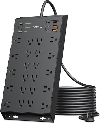 Surge Protector Power Strip, 6.5FT Long Flat Plug Extension Cord with 22 AC Outlets (1875W/15A), 6USBs (3 USB-C Ports), 2100J Surge Protection, Wall Mountable for Gaming, Office, Home, Black in Saudi Arabia