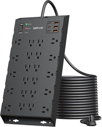 Surge Protector Power Strip, 6.5FT Long Flat Plug Extension Cord with 22 AC Outlets (1875W/15A), 6USBs (3 USB-C Ports), 2100J Surge Protection, Wall Mountable for Gaming, Office, Home, Black in Saudi Arabia