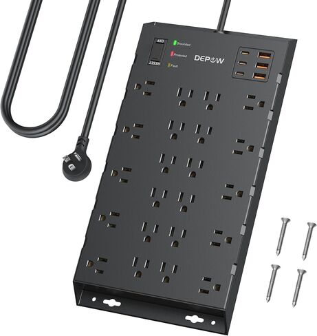 Surge Protector Power Strip, 6.5FT Long Flat Plug Extension Cord with 22 AC Outlets (1875W/15A), 6USBs (3 USB-C Ports), 2100J Surge Protection, Wall Mountable for Gaming, Office, Home, Black in Saudi Arabia