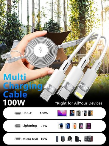 100W Retractable Charger 3 in 1 iphone Charger Retractable Cord 4FT Multi Charging Cable Fast multiple phone charger cord with USB C/Lightning/Micro USB Cable for iphone 15 14 Samsung - Travel Charger in Saudi Arabia