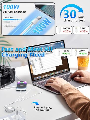 100W Retractable Charger 3 in 1 iphone Charger Retractable Cord 4FT Multi Charging Cable Fast multiple phone charger cord with USB C/Lightning/Micro USB Cable for iphone 15 14 Samsung - Travel Charger in Saudi Arabia