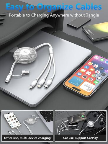 100W Retractable Charger 3 in 1 iphone Charger Retractable Cord 4FT Multi Charging Cable Fast multiple phone charger cord with USB C/Lightning/Micro USB Cable for iphone 15 14 Samsung - Travel Charger in Saudi Arabia