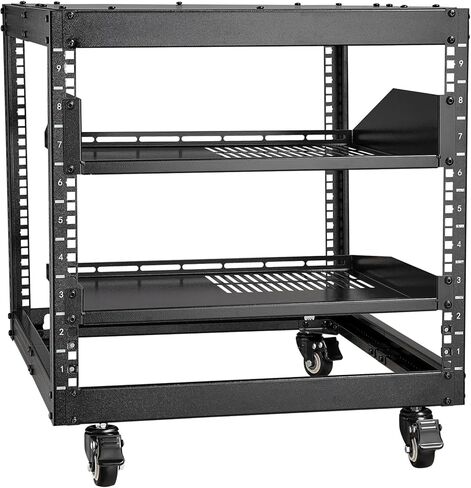 حامل خادم VEVOR 12U، رف شبكة بإطار مفتوح، تصميم مثبت على الحائط مع رفين بفتحات تهوية و4 عجلات، عمق قابل للتعديل 23 بوصة - 40 بوصة لشبكات معدات AV وأجهزة تثبيت الصوت in Saudi Arabia