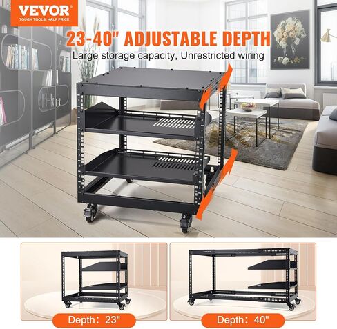 حامل خادم VEVOR 12U، رف شبكة بإطار مفتوح، تصميم مثبت على الحائط مع رفين بفتحات تهوية و4 عجلات، عمق قابل للتعديل 23 بوصة - 40 بوصة لشبكات معدات AV وأجهزة تثبيت الصوت in Saudi Arabia