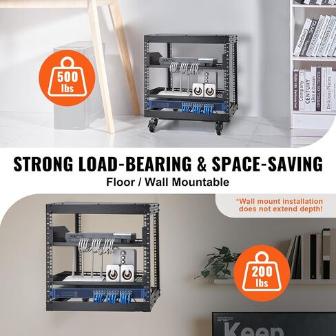 حامل خادم VEVOR 12U، رف شبكة بإطار مفتوح، تصميم مثبت على الحائط مع رفين بفتحات تهوية و4 عجلات، عمق قابل للتعديل 23 بوصة - 40 بوصة لشبكات معدات AV وأجهزة تثبيت الصوت in Saudi Arabia