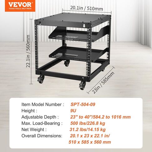 حامل خادم VEVOR 12U، رف شبكة بإطار مفتوح، تصميم مثبت على الحائط مع رفين بفتحات تهوية و4 عجلات، عمق قابل للتعديل 23 بوصة - 40 بوصة لشبكات معدات AV وأجهزة تثبيت الصوت in Saudi Arabia