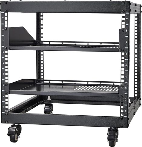 حامل خادم VEVOR 12U، رف شبكة بإطار مفتوح، تصميم مثبت على الحائط مع رفين بفتحات تهوية و4 عجلات، عمق قابل للتعديل 23 بوصة - 40 بوصة لشبكات معدات AV وأجهزة تثبيت الصوت in Saudi Arabia