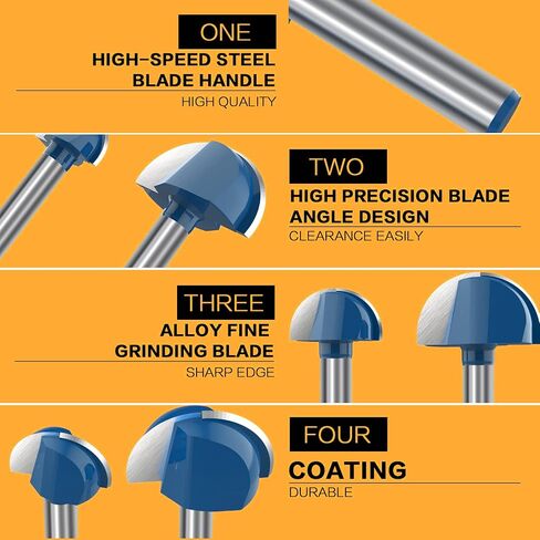 1/4 Inch Shank Cove Box Router Bit - 5/8" 3/4" 7/8" 1" Cutting Diameter Solid Carbide Double Flute Core Box Round Nose Woodworking Tool 4 Pcs by ROOCBIT in Saudi Arabia