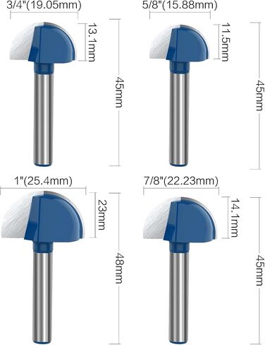 1/4 Inch Shank Cove Box Router Bit - 5/8" 3/4" 7/8" 1" Cutting Diameter Solid Carbide Double Flute Core Box Round Nose Woodworking Tool 4 Pcs by ROOCBIT in Saudi Arabia