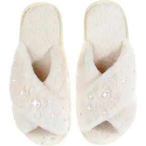 Bride Slippers for Wedding Day White Fuzzy Slippers with Pearls for Bachelorette Party Bridal Shower Gifts