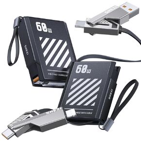 4 in 1 Retractable USB C Cable Lightning Cable, [60W Fast Charging & 480Mbps Data Sync][Carplay Support] Combo Lightning/Type C/USB A Ports Charger Cord for Apple iPhone iPad & Samsung-3.5ft